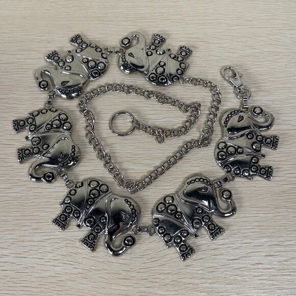 Vintage 90s Y2k Silver Tone Elephant Adj. Chain Belt Boho Hippie Artsy Bohemian